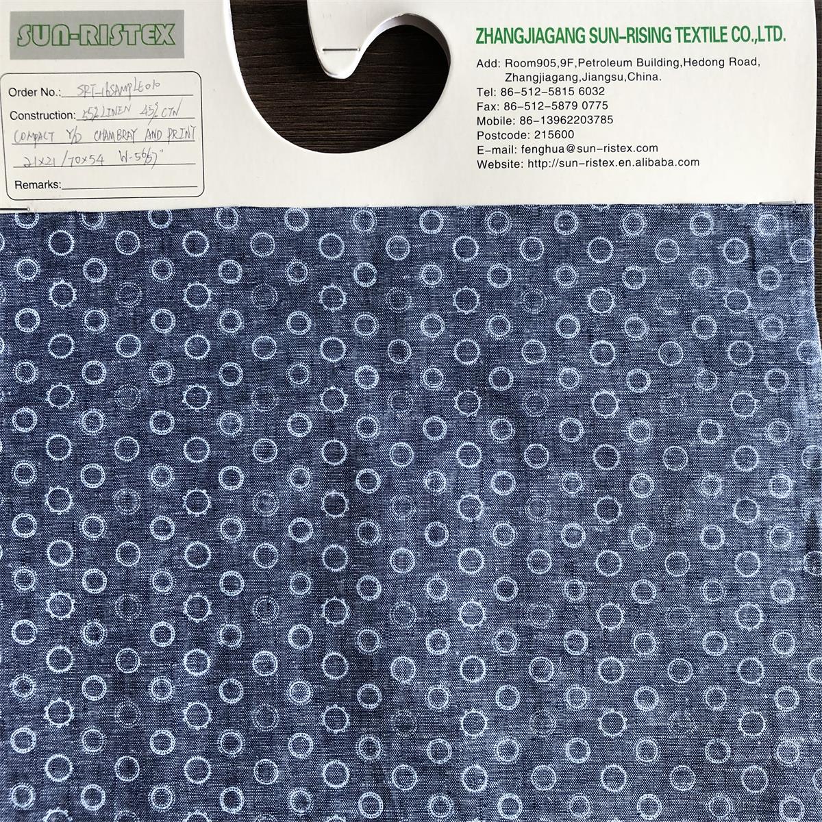 Linen Cotton Printed Fabric for men's shirts 55% linen 45% cotton printed chambray background shirts woven fabric